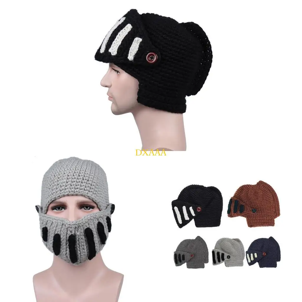 DXAA Unisex Crochet Knit Roman Knight Helmet Beanie Hat Color Barbarian Earflap Skull Cap with Removable Face Mask