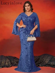 Lucyinlove Plus Size Luxury Blue Evening Dresses Women Long Sleeve Mermaid Formal Sequins Prom Wedding Party Cocktail Gowns