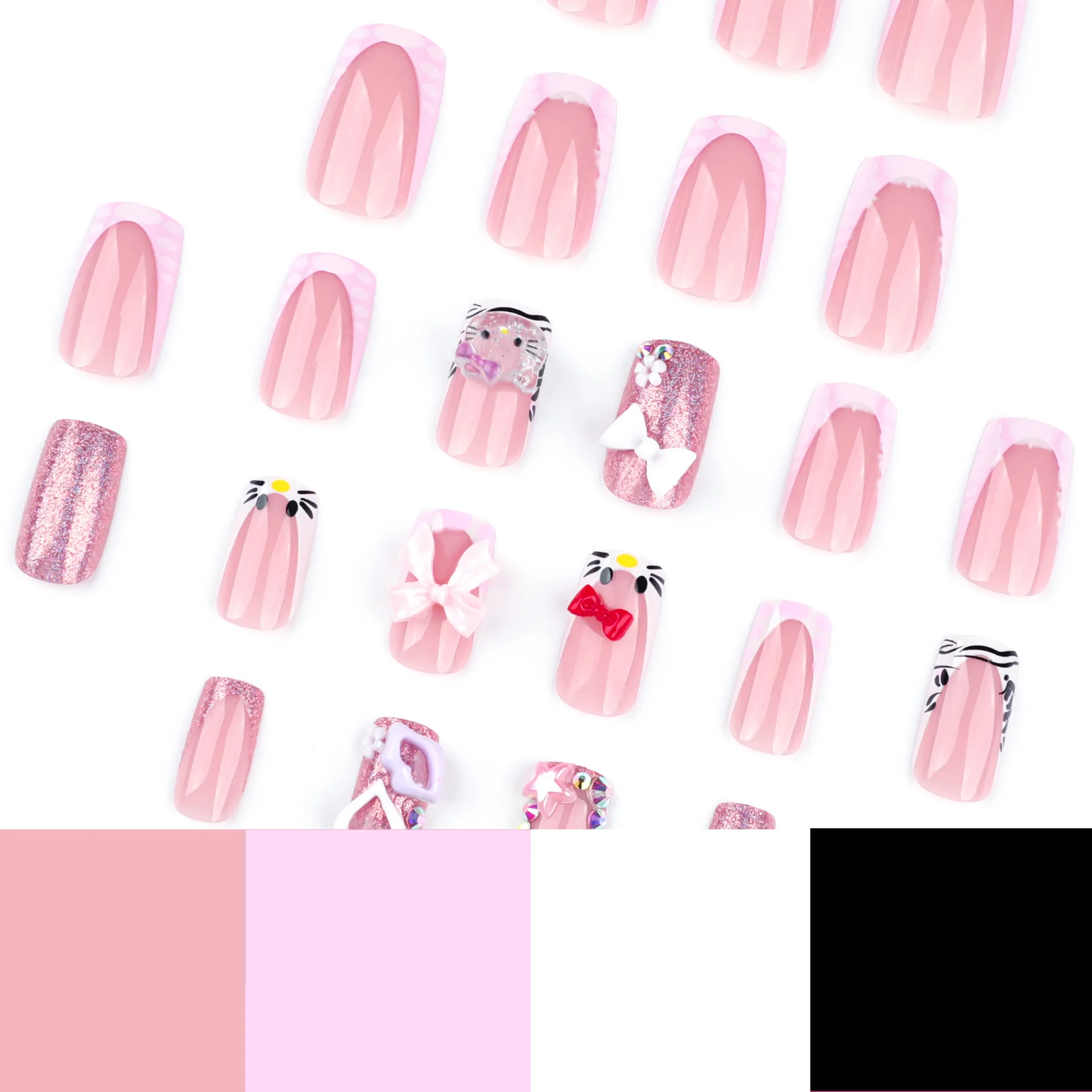 24 pçs y2k ins doce unhas falsas rosa estilo francês 3d bowknots coração brilhante lantejoulas imprensa em unhas gato bonito japonês curto manicure