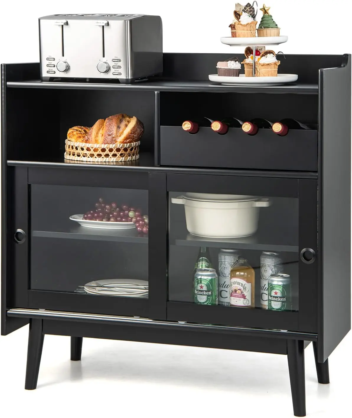

Black Buffet Cabinet with Storage, Kitchen Sideboard with Sliding Tempered Glass Doors & Pull-Out Wine Rack, Coffee Bar