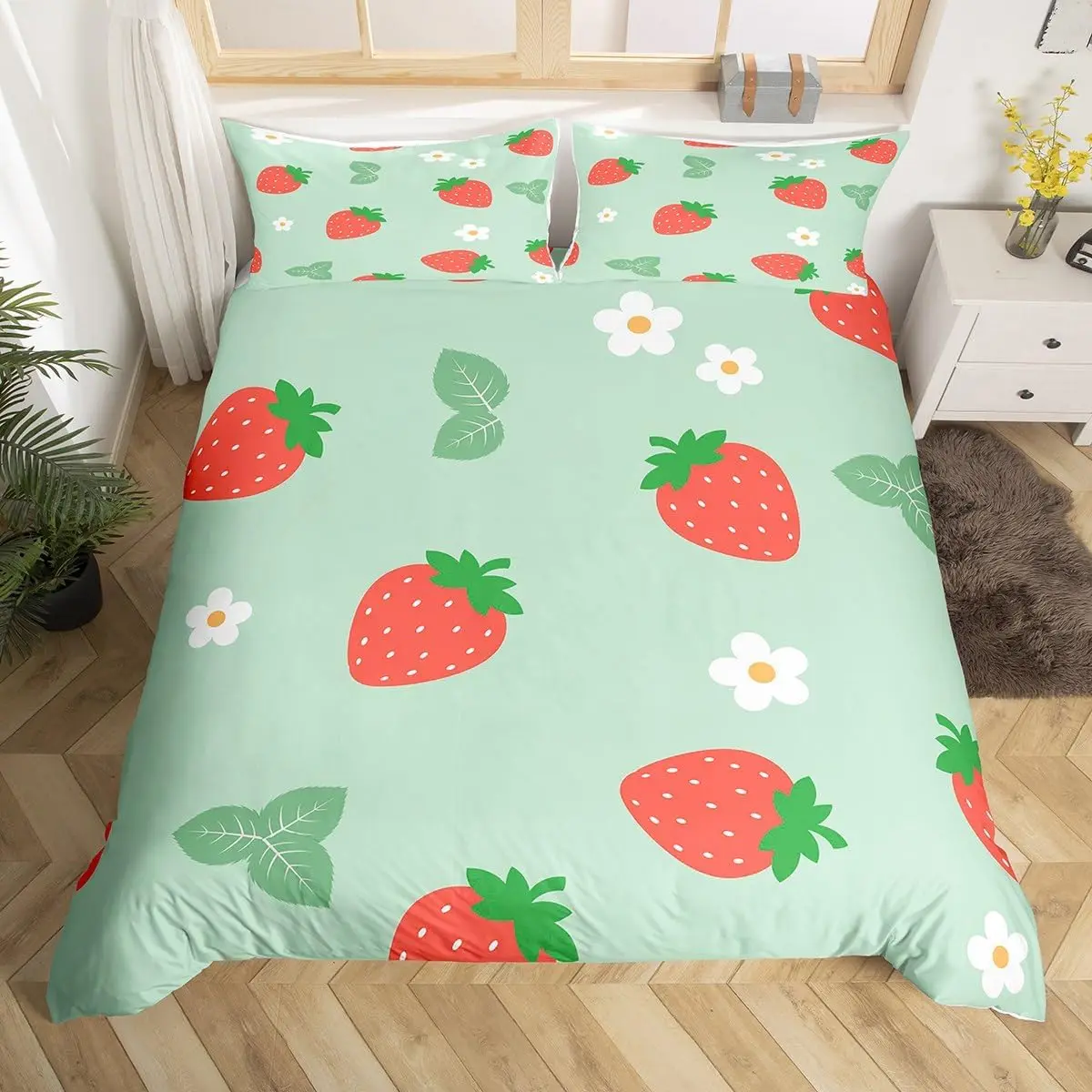 Cute Strawberry Duvet Cover Full King,Flower Leaves Tropical Fruit Bedding Set,Garden Rustic Plants Watercolor Chic Quilt Cover