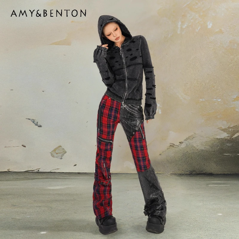 Design original estilo punk emenda preto vermelho xadrez calças femininas outono novo doce legal quente menina rua emagrecimento calças senhoras