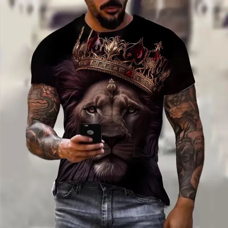 3D Digital Print 2026 Men Vintage Lion Graphic T Shirt Short Sleeve Oversized Tee Summer Fashion Streetwear Casual Top Jersey