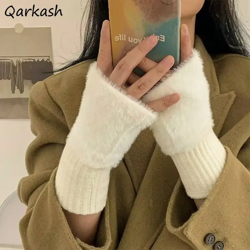 

Solid Gloves Women Keep Warm Plus Velvet Simple Korean-style INS Fingerless Knitting Soft Trendy Leisure All-match Winter Wrist