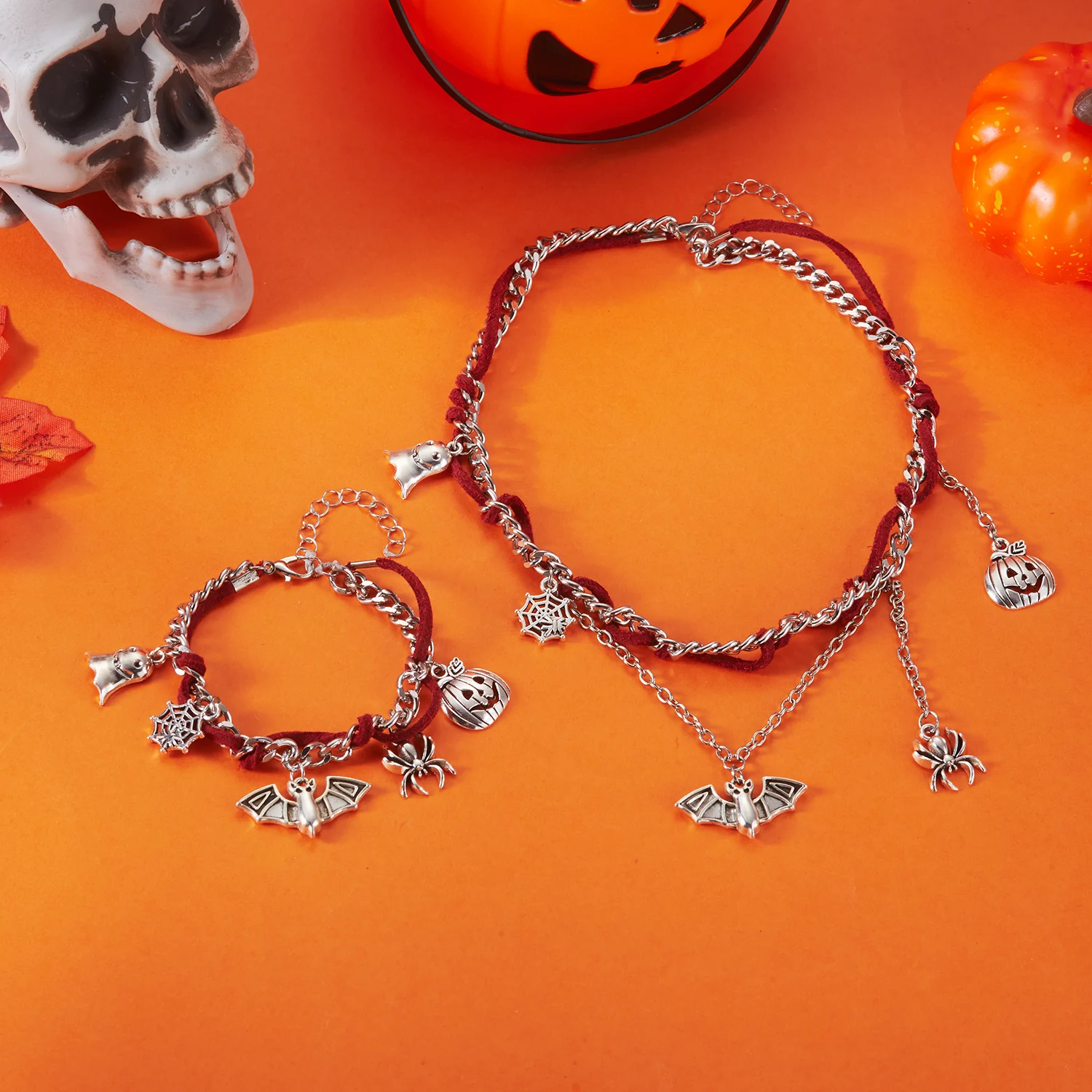 

Handmade Red Rope Winding Short Chain Necklace for Women Punk Ghost Spider Web Bat Pumpkin Pendant Necklace Party Daily Jewelry