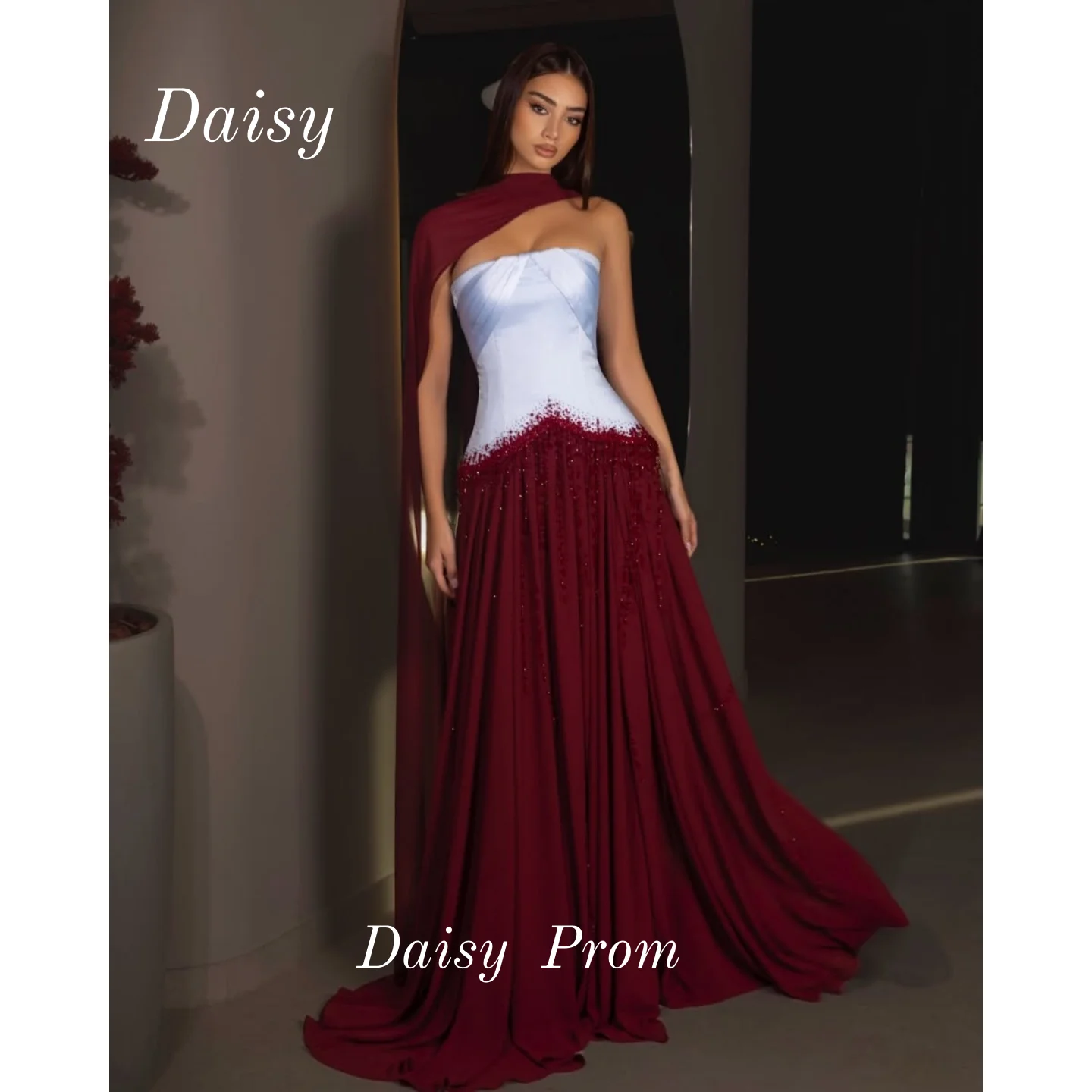 Роскошное бордово-белое атласное платье для выпускного вечера на одно плечо, атласное вечернее платье контрастного цвета длиной до пола, вечернее платье по индивидуальному заказу