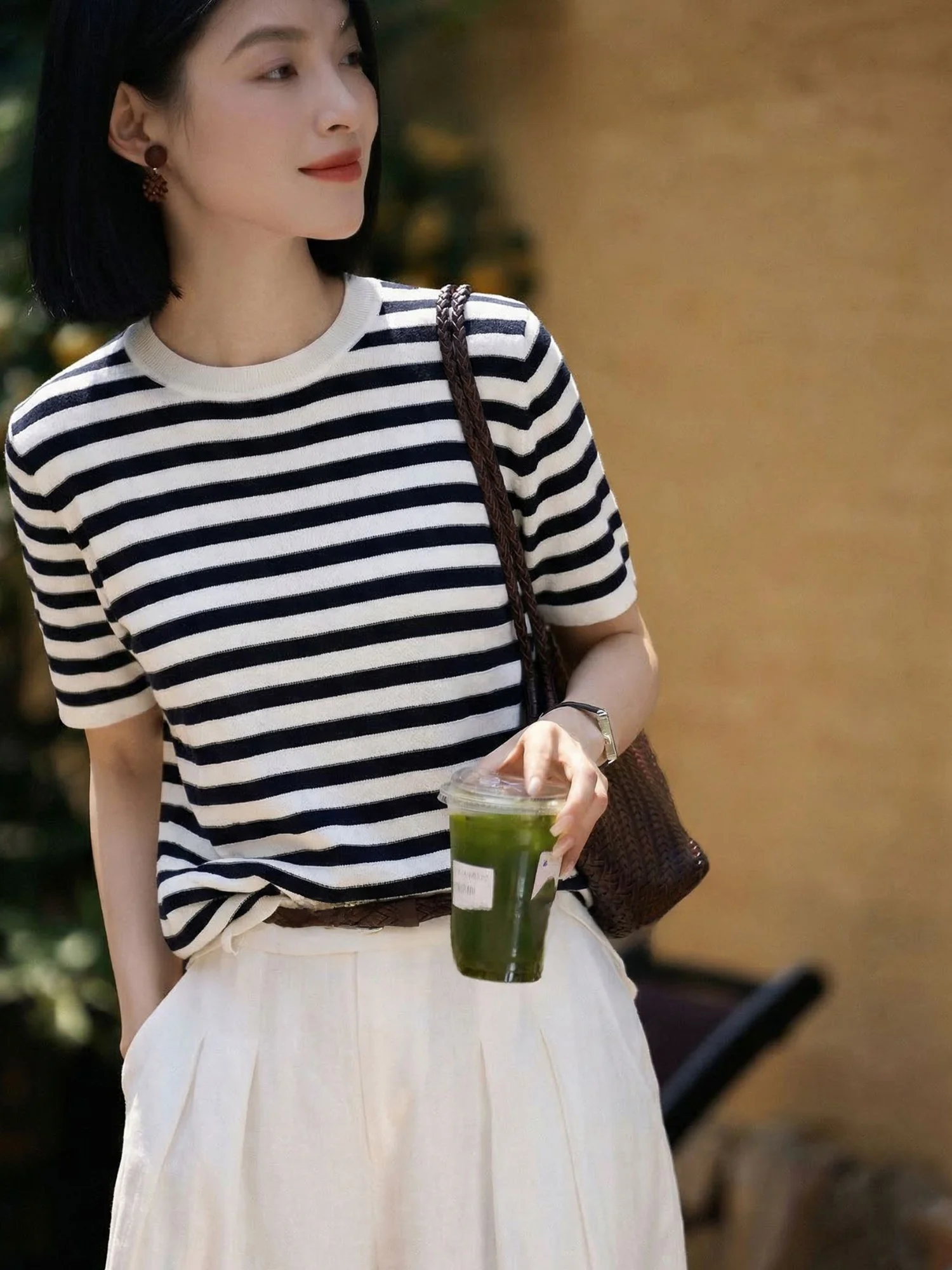 

Модный приталенный полосатый вязаный топ Chivirin с коротким рукавом, открытый кардиган из смесовой шерсти, повседневная летняя футболка для женщин