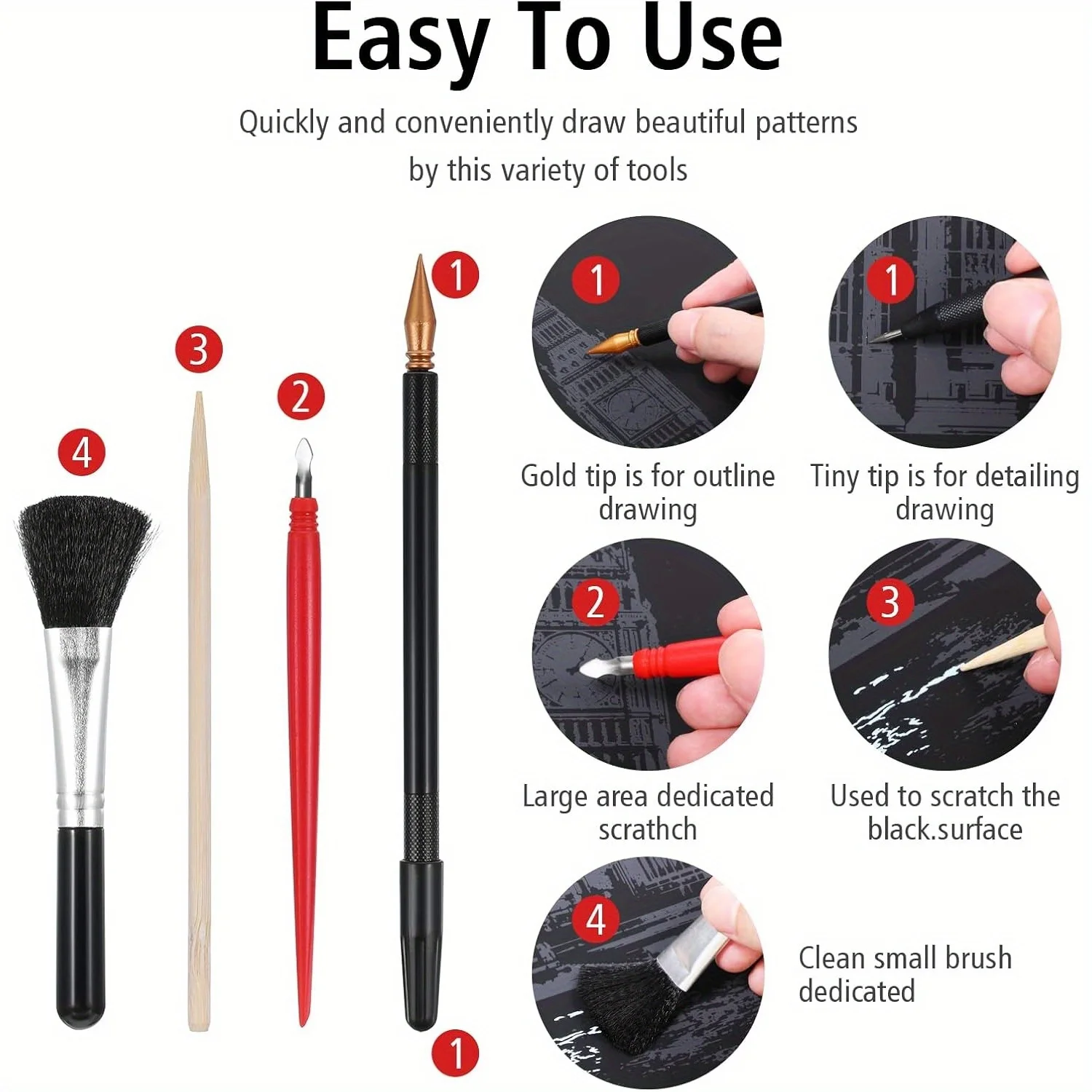 4 Pcs Scratch Art Tools Set with Storage Bag, Coloring Pens & Wooden Plastic Stylus for Kids Adults DIY Painting Craft Kit