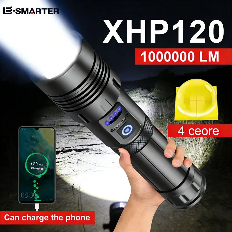 Powerful LED Flashlight XHP120 Rechargeable Portable Tactical Torch Super Bright Camping Outdoor Search and Adventure Flash Lamp