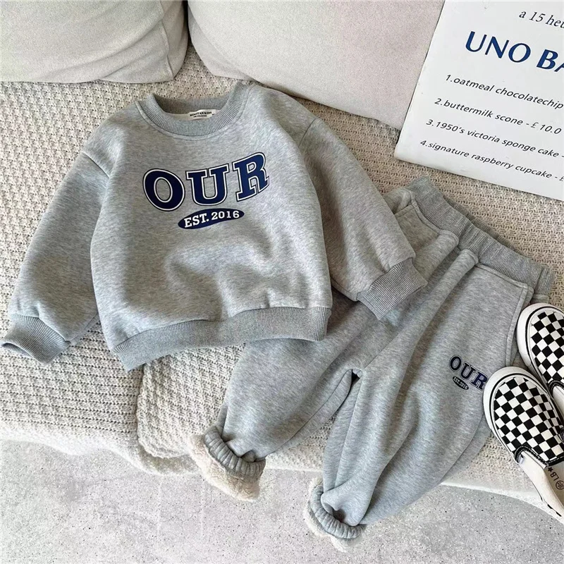 Kinder Fleece-Gefütterte Sets Herbst Jungen Mädchen Dicke Warme Anzüge Baby Sweatshirts+Jogginghosen 2-teilig Winter Kinderkleidung Outfits 2-8 Jahre – Detail 8