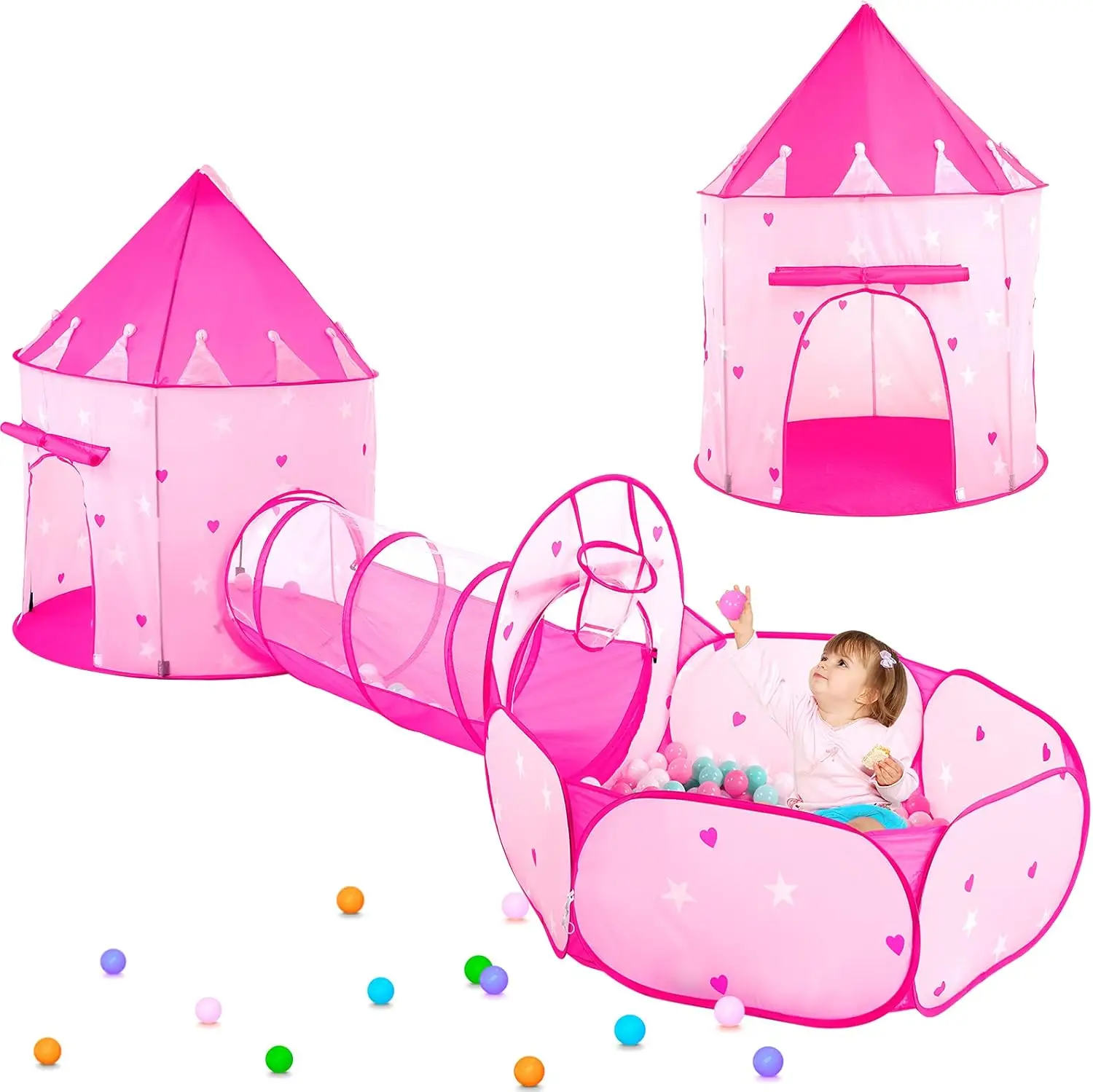 Barraca de brincar infantil de 3 peças para meninas com poço de bolinhas, túnel de engatinhar, barracas de princesa para crianças, brinquedos de casa de brincar do mundo do espaço do bebê, meninos ind