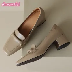 danxuefei plus size 34-42 women's genuine leather square toe slip-on loafers 5cm thick med heel OL style high quality heels shoe