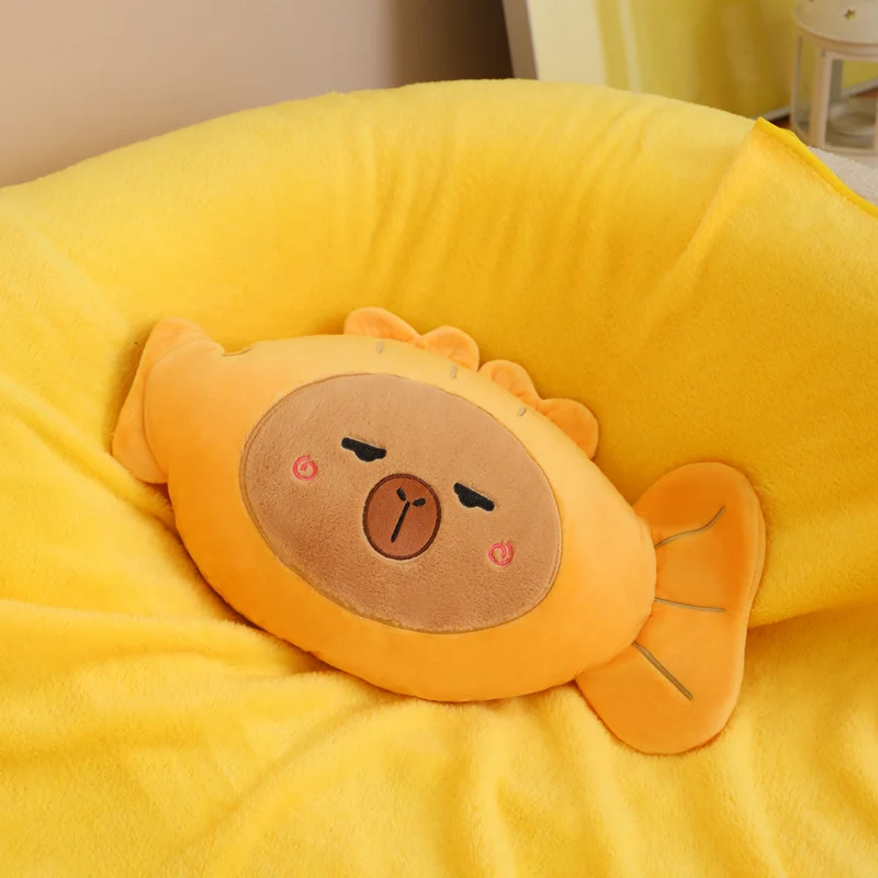 40x30 cm Geel Capybara Taiyaki Kussen Vis Kawaii Cosplay Cartoon Dier Plushie Peluche met Flanel Deken Handen brander Gift