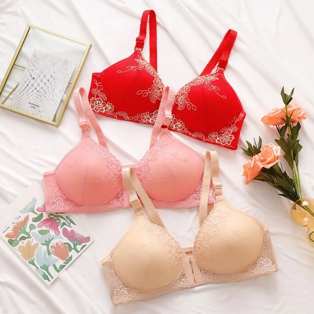 Bra kancing depan tipis nyaman wanita, BH Push Up nyaman dapat diatur untuk perempuan, Bra motif bunga renda intim Anti licin