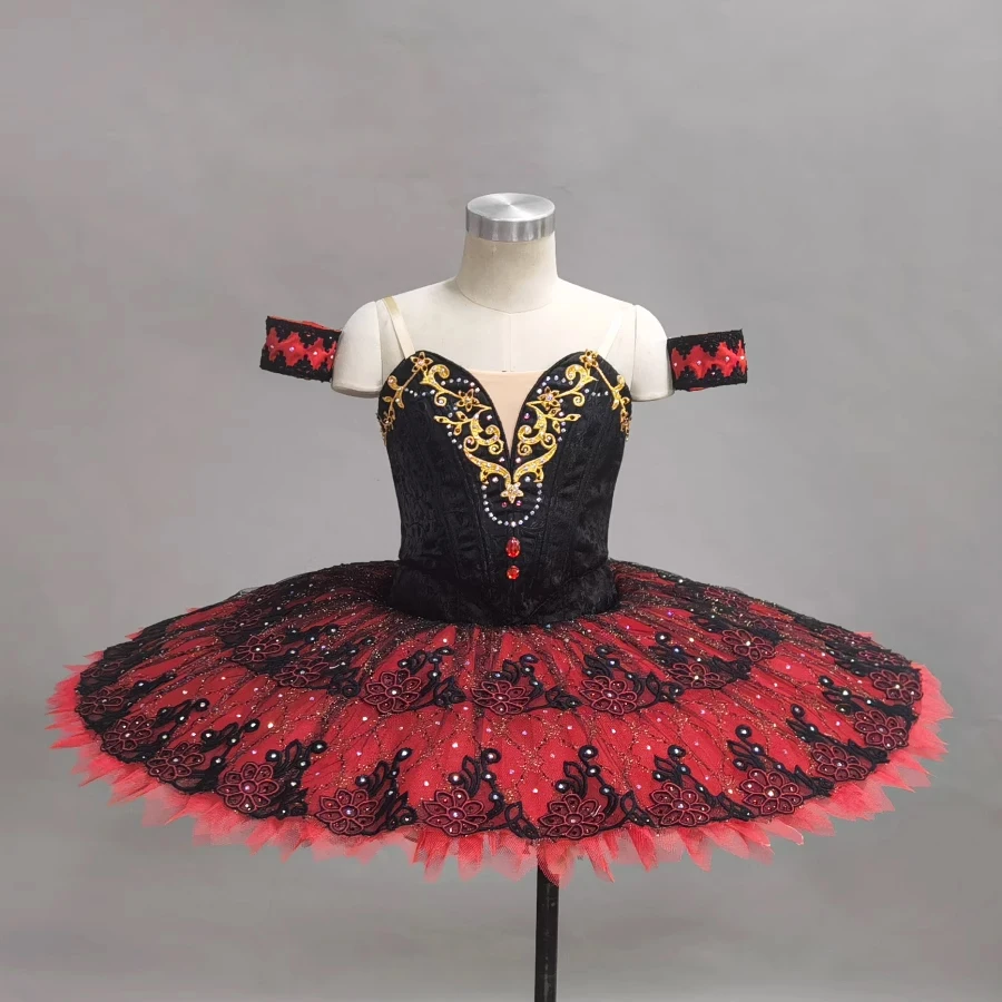 FLTOTURE Professional Red Black 12 Layers Spanish Ballet Pancake Tutu Don Quixote Act III Kitri Costume For Girls Ballerina