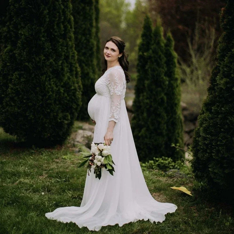 فساتين ماكسي للأمهات من الدانتيل لالتقاط الصور بأكمام طويلة من الشيفون للنساء الحوامل فستان الحمل للتصوير الفوتوغرافي