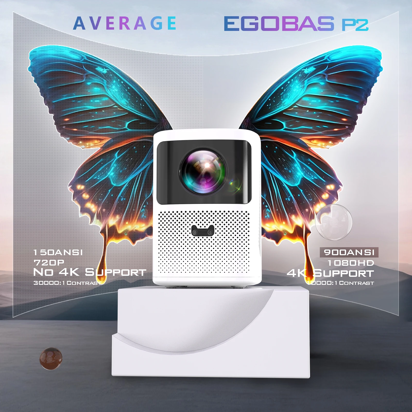 EGOBAS 1080P 900ANSI 4K Android Projector with WiFi and Bluetooth, Auto Focus WiFi6 Home Video Movie Portable Projector Phone