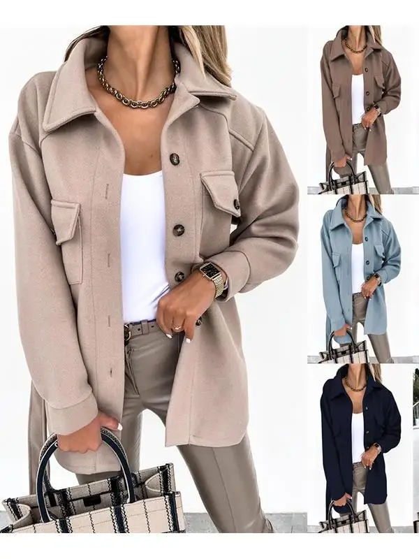 

Thiened Pure Color irt Collar Autumn Winter Woolen Single Button Coat Women's Loose Outerwear Long Sve PU Material