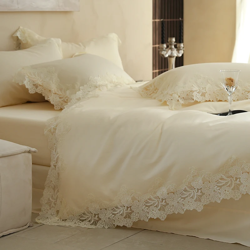 Luxuriöses Bettwäsche-Set, cremefarben, Queen-Size-Größe, Schlafzimmer-Dekoration, weich, bequem, elegantes Design für Frauen und Paare, Prinzessinnen-Bettlaken – Detail 3