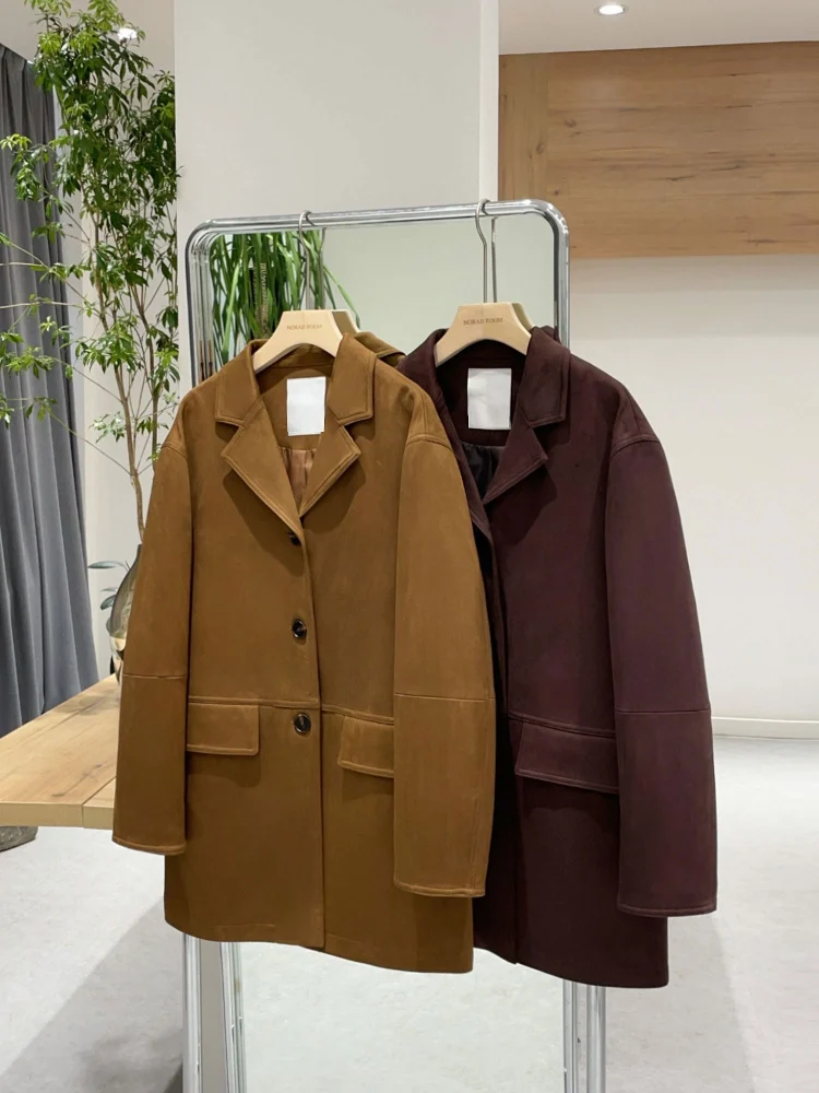 Nok Xiaola Authentic  Brand WMM Suede Vintage Mid-Length Jaet True to Size Polyester Blend Long Sve Busin Cas...