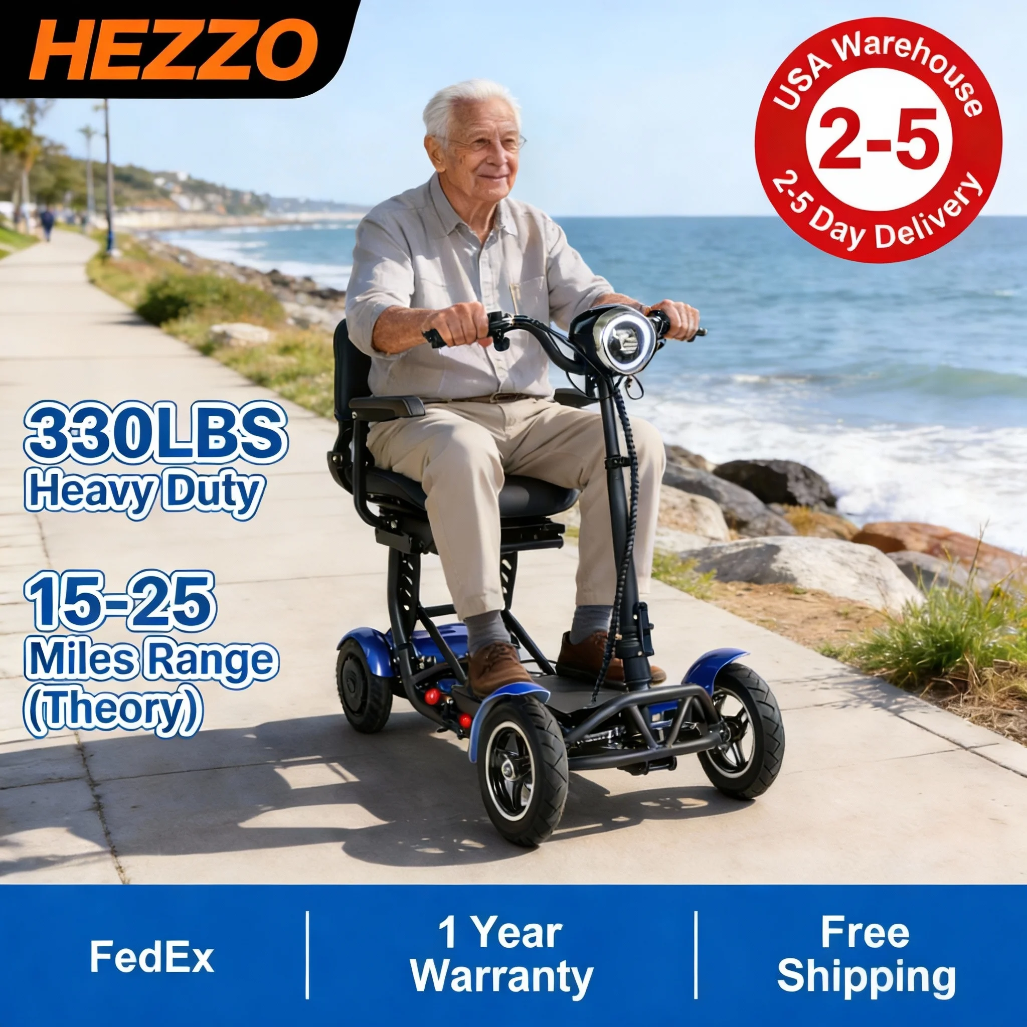 

HEZZO T2 Lightweight Foldable Mobility Scooter for Travel 4 Wheel 36V Dual Motor 15-25 Miles Range US Stock