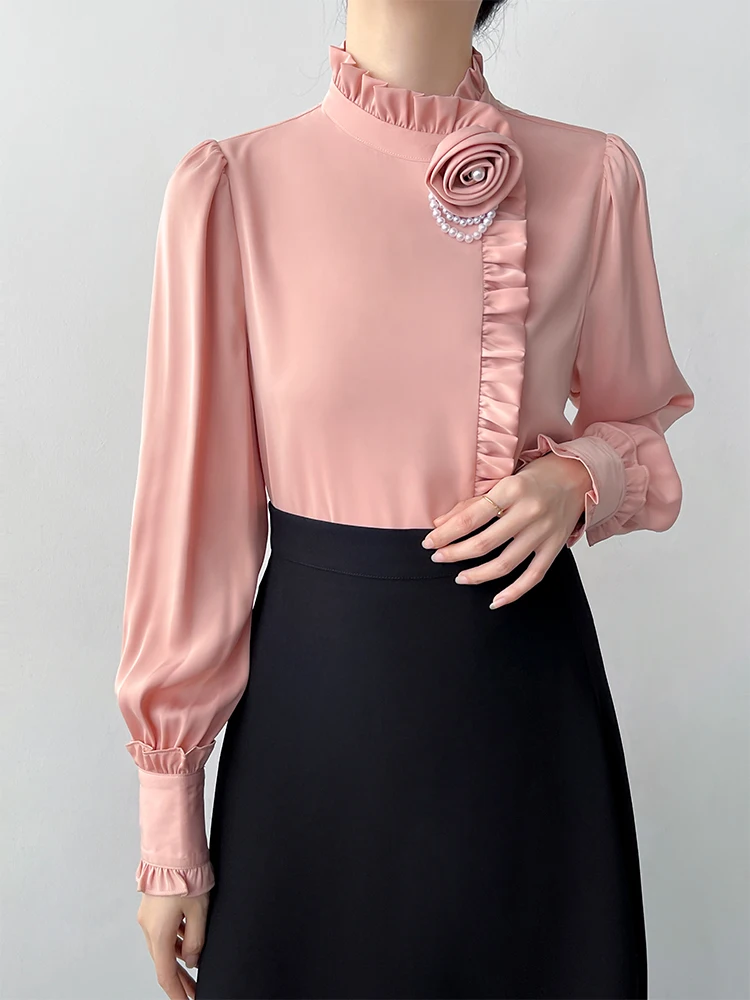 

Korean Sle Satin irt Women's Design Sensation Small ence Elegance Top Stand Collar Anti-Wrinkle Dra Long Sve