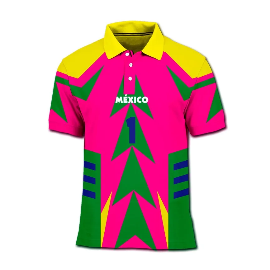 Retro MEXICO Bedrucktes Poloshirt mit Kontrastierenden Geometrischen Mustern Lockerer Kragen Knöpfe Fan-Kurzarm-Oberteil Unisex – Detail 3
