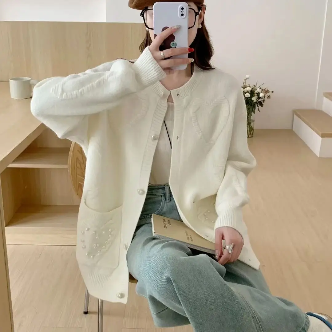 2024 Autumn/Winter new Korean loose medium long style sweater jacket women's nail bead love sweet knitted cardigan