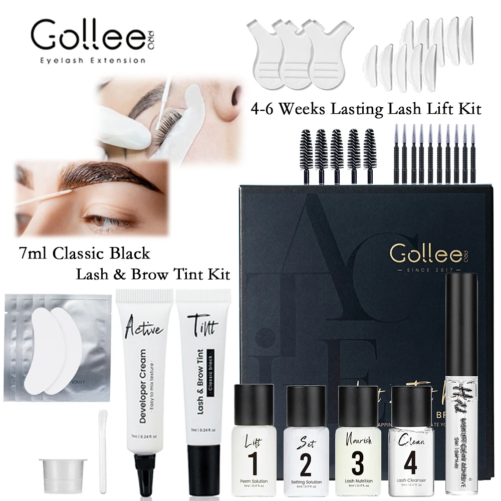 Gollee Lash and Brow Tinting Kit Classic Black Natural Eyelash Lifting Perm Treatment Makeup Set 4-6 Weeks For Lash Curler Perm