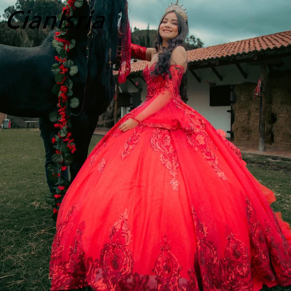 Vestido De baile De quinceañera con manga desmontable, rojo, escote Corazón, apliques De lentejuelas, corsé De encaje, 15 Años