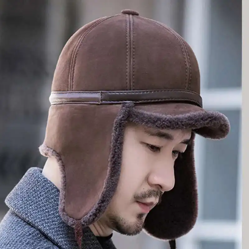 Real Sheep Leather Cap Winter Outdoor Warm Fur Hat Thick Warm Cap With Earflaps Male Bomber Hat Pilot Hat Male Russian Fur Caps