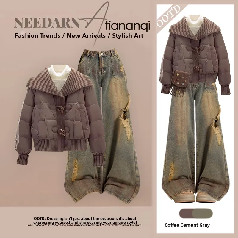 

Warm Cotton Jacket And Distressed Denim Jeans Two-Piece Set for Women Casual Vintage Style Winter Outfit Knitted Top Loose Fit