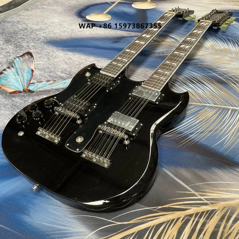 LEFT HAND Black 12+6String H-H Pickups Double Neck SG Electric Guitar for Professional Performance