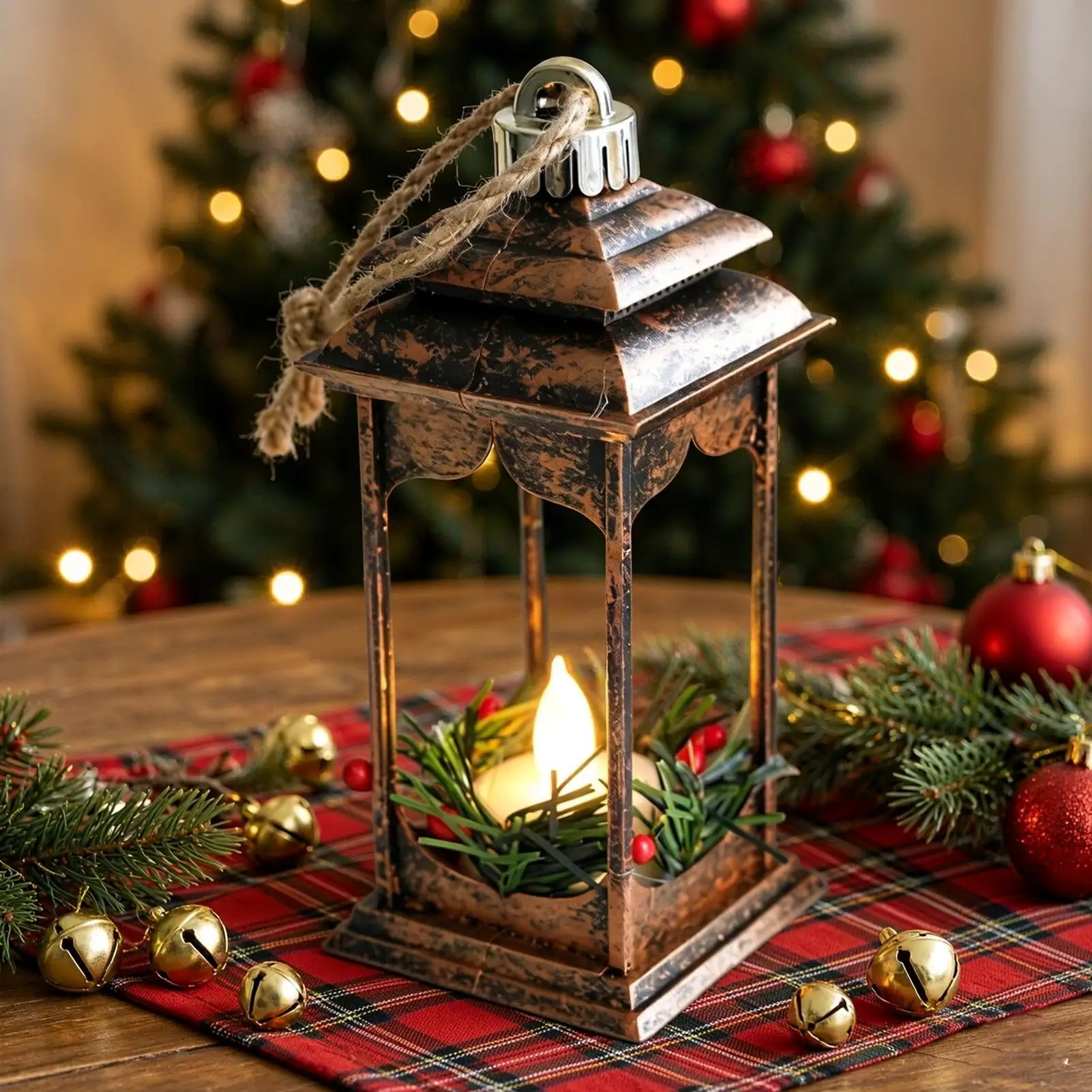 Christmas Lanterns Indoor Holiday Home Decor With Red Berries Pine Cones Christmas Lantern LED Candle Glow For Coffee Table