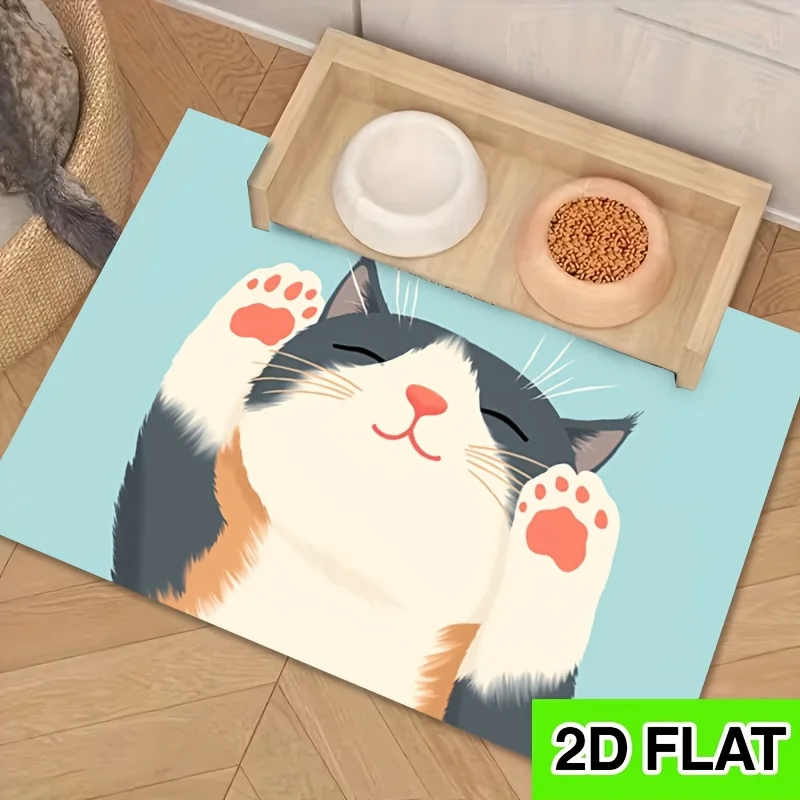 

Трехцветный коврик для кормления домашних животных с изображением кошки, поднимающей лапу и улыбающейся, на светло-голубом фоне, прямоугольный.