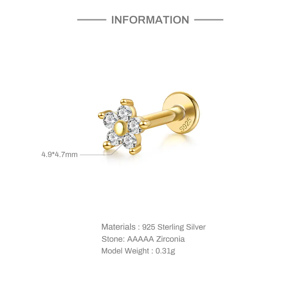 ROXI 925 Sterling Silver 3Pcs Octagonal Star/Heart Design zircon Piercing Earring Set For women 16G 5/6/8mm Rod Earrings Jewelry