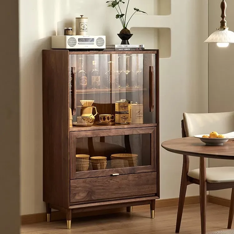Black walnut glass wine cabinet Household TV side cabinet Storage display storage Full solid wood dining side cabinet