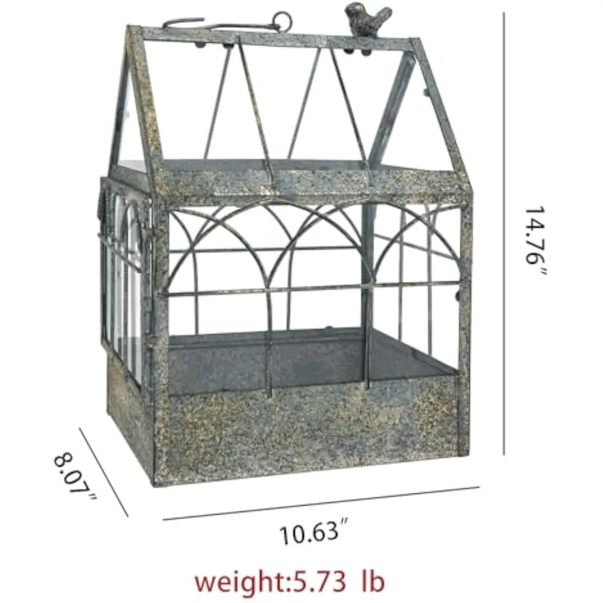 Rustic Metal Mini Greenhouse with Arched Windows and Sloped Roof Featuring Weathered Finish Bird Ornament Transparent Glass Encl