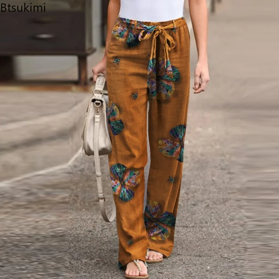 

2024 Women's Casual Flower Print Cotton Linen Straight Leg Pants Lace Up Elastic Waist Home Trousers Female Plus Size Pants 5XL