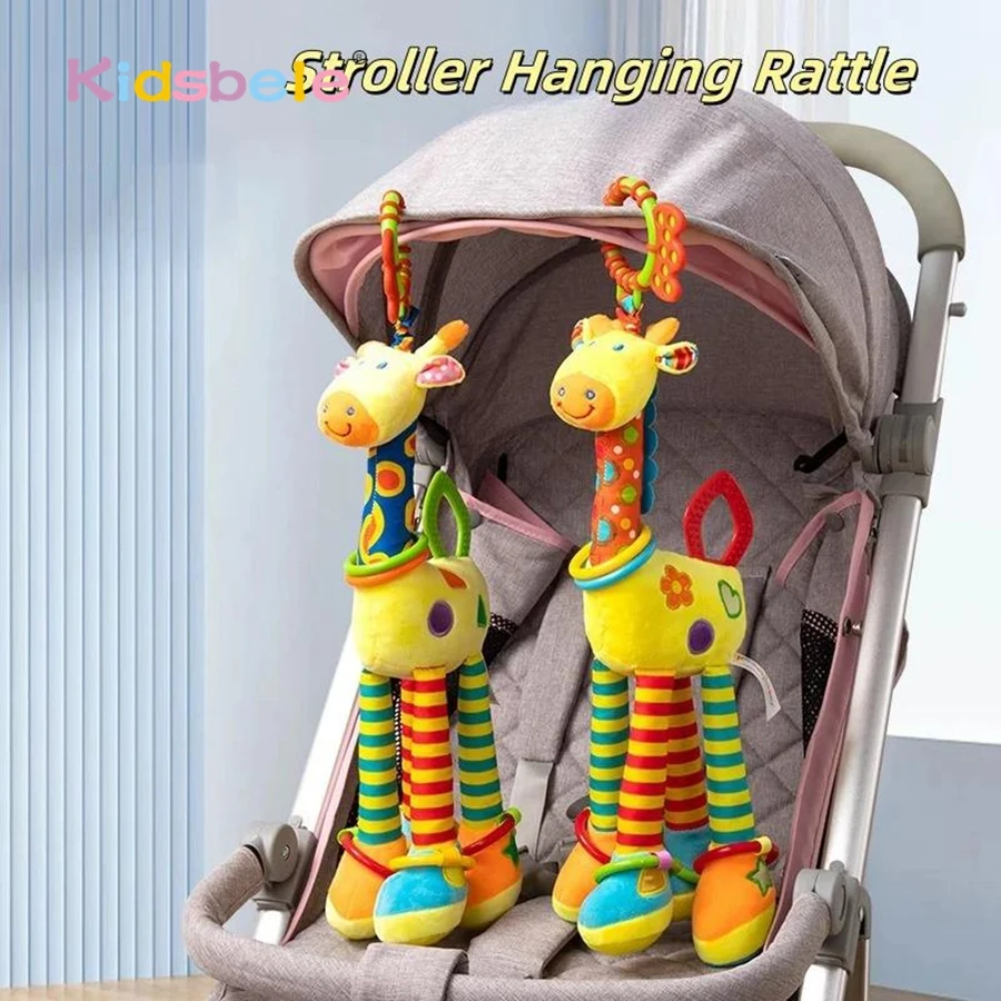 Kolorowa pluszowa żyrafa do zawieszenia na fotelik samochodowy dla niemowląt – miękka grzechotka z pierścieniami, prezent wspomagający rozwój sensoryczny