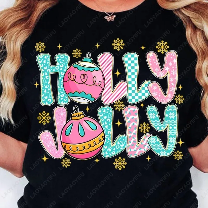 Preppy Christmas Festive Glitter Colorful Holly Jolly Tshirt Creative Brushstroke Style Cute Tops Men Women Cotton All Match Tee