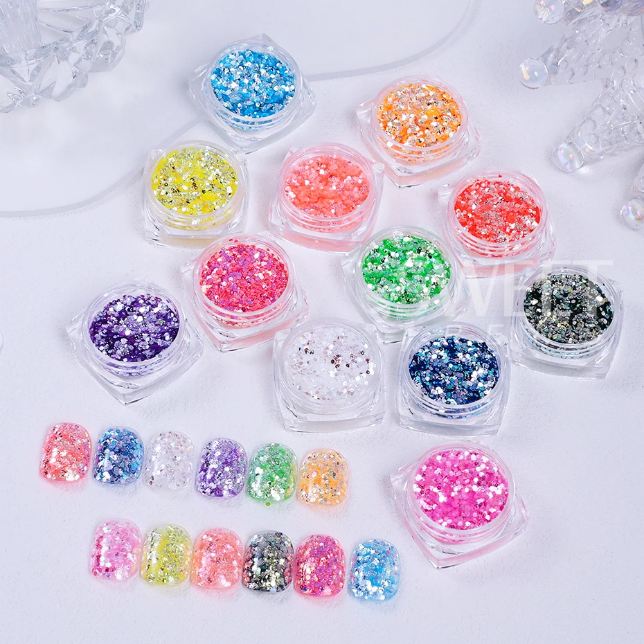 12 ألوان المجسم سداسية مسمار بريق الترتر رقائق البريق الصغيرة شرائح سبانجلز مانيكير اكسسوارات الديكور مستلزمات الأظافر