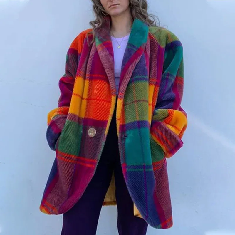 Autumn Female Plaid Print Woolen Coat Single Button Lapel Jacket Cardigan Winter Long Sleeve Pocket Women Outwear