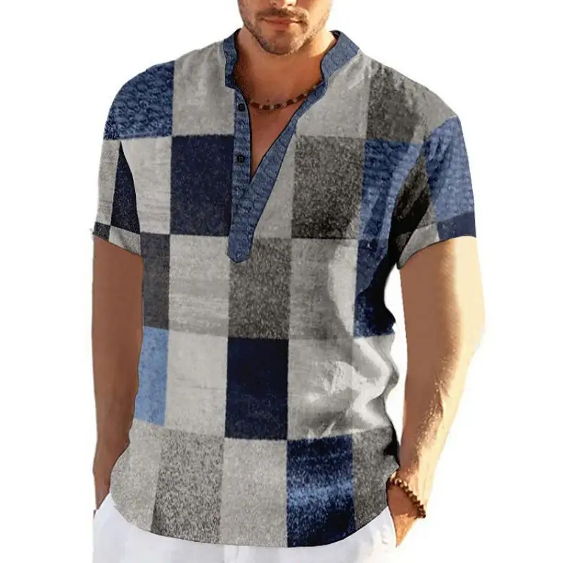 Vintage Patchwork Color Block 3D Print Henley Shirts Men's Fashion Stand Collar Short Sleeve T Shirt Male Tees Tops Man Clothing image 5