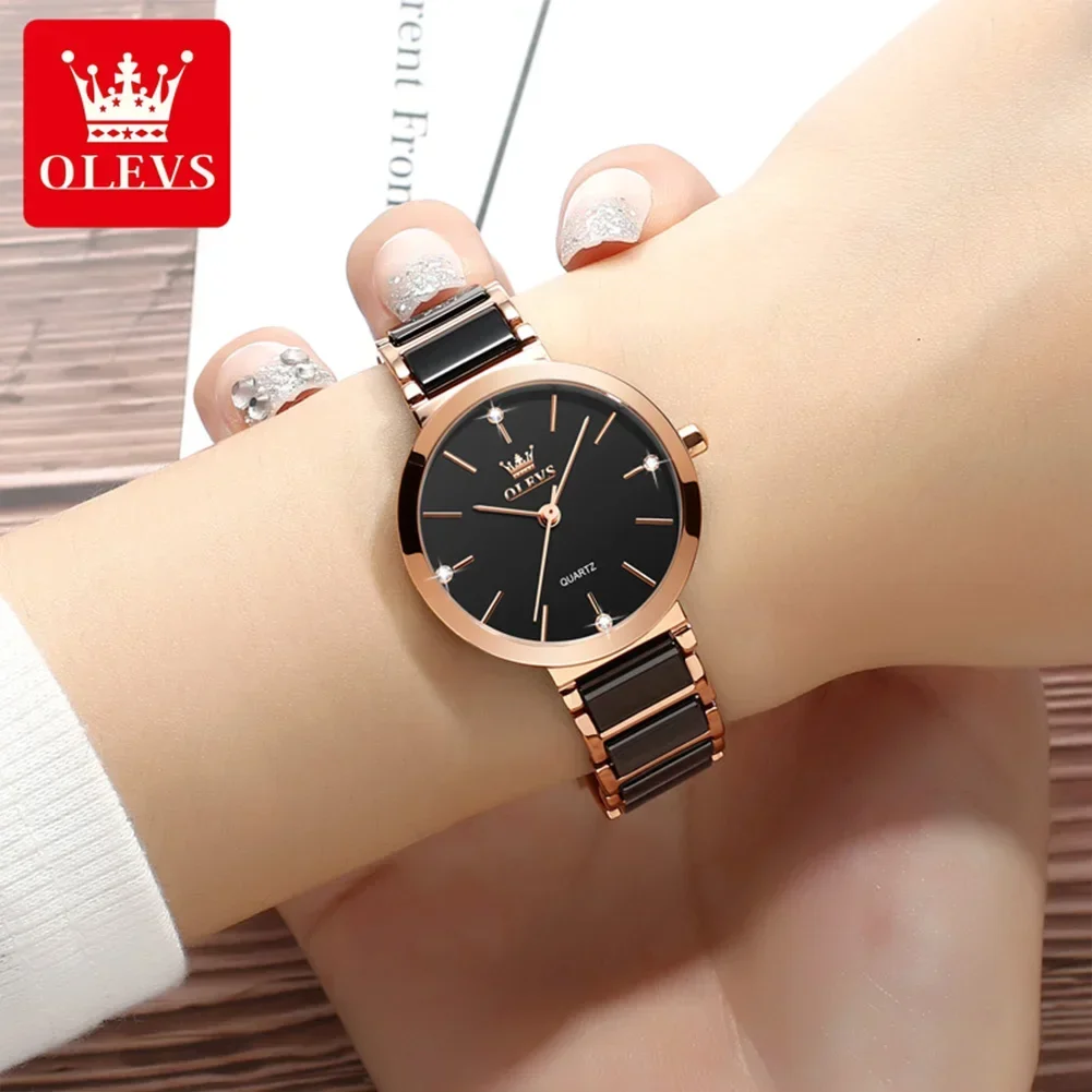 OLEVS Luxury Automatic Woman Watch Rose Gold Ceramics Strap Quartz Wrist Watch Waterproof Simple Dial Watches for Women Gift Set