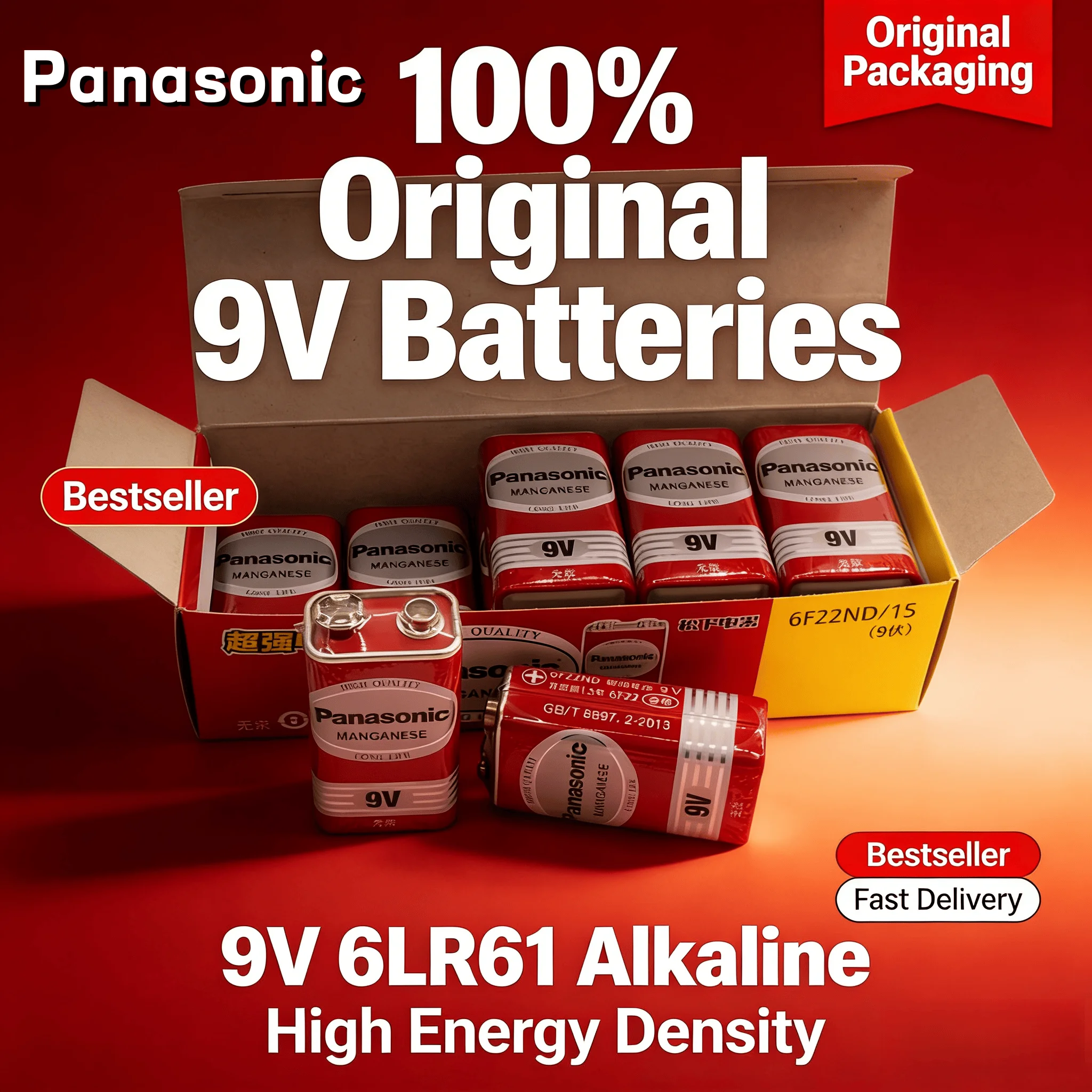 100% Original Panasonic 6F22ND 9V Alkaline Battery, Mercury-Free & Long Life, for Alarm/Wireless Microphone/Smoke Detector