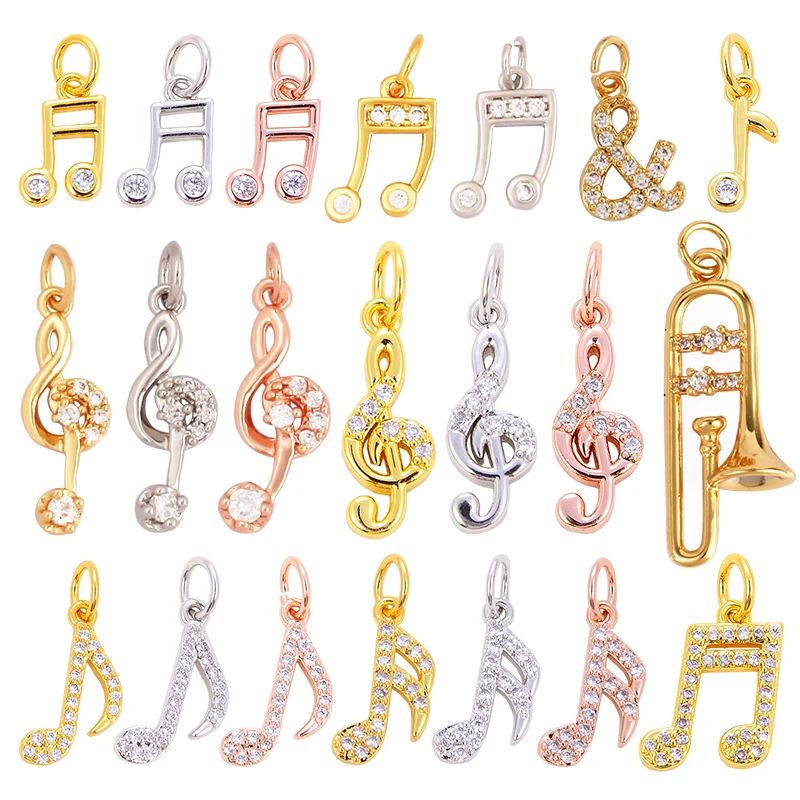 Cute Musical Note Zircon Charm Pendant,Minimalism Brass 18K Gold Plated Silver Jewelry Findings Handmade Necklace Supplies M33