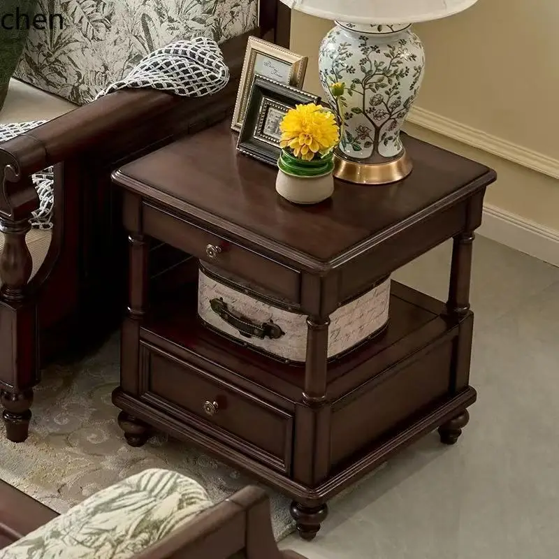 HT Retro Sofa Side Table Living Room Solid Wood Square Table Bedroom Nightstand Bedside Cabinet