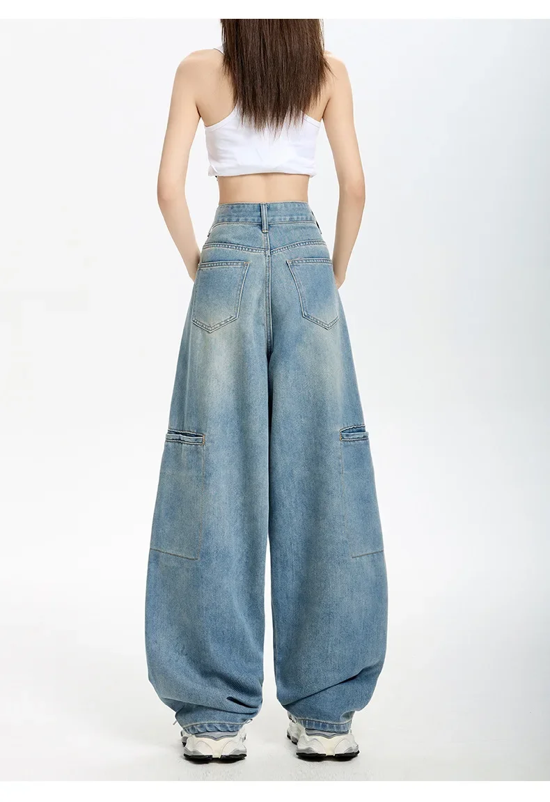 涼しく通気性の良いテンセルの薄手ワイドジーンズ。 春夏の女性向けの新しいアメリカンレトロなルーズ三日月型ジーンズ
