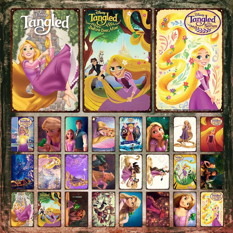 Disney Tangled Metal Poster Long-Haired Girl Rapunzel and Handsome Thief Flynn Ryder Tin Sign Plate Wall Stickers for Room Decor